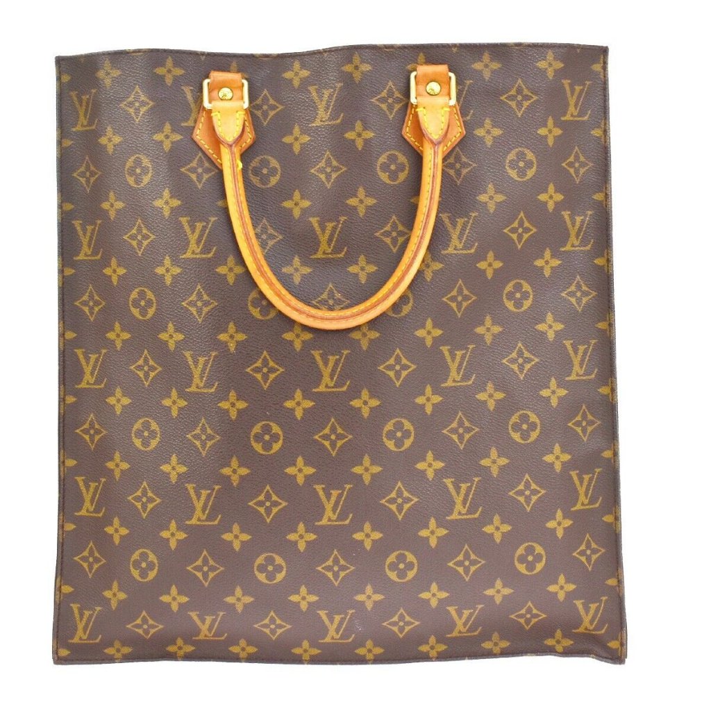 Authentic Louis Vuitton Logo Sac Plat Hand Tote Bag Monogram Leather Brown